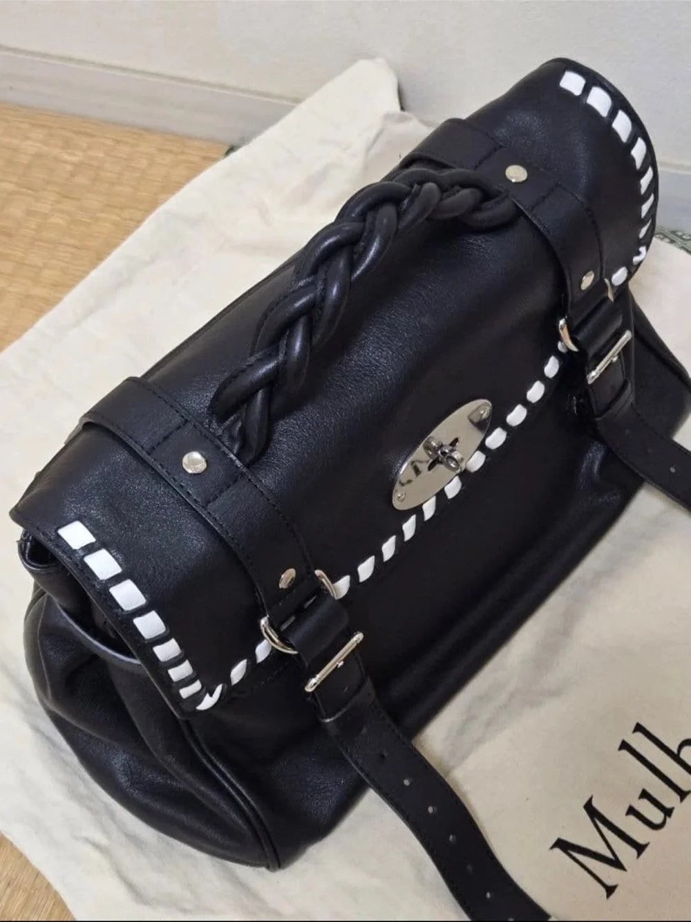 Mulberry Black Leather Satchel with White Trim
